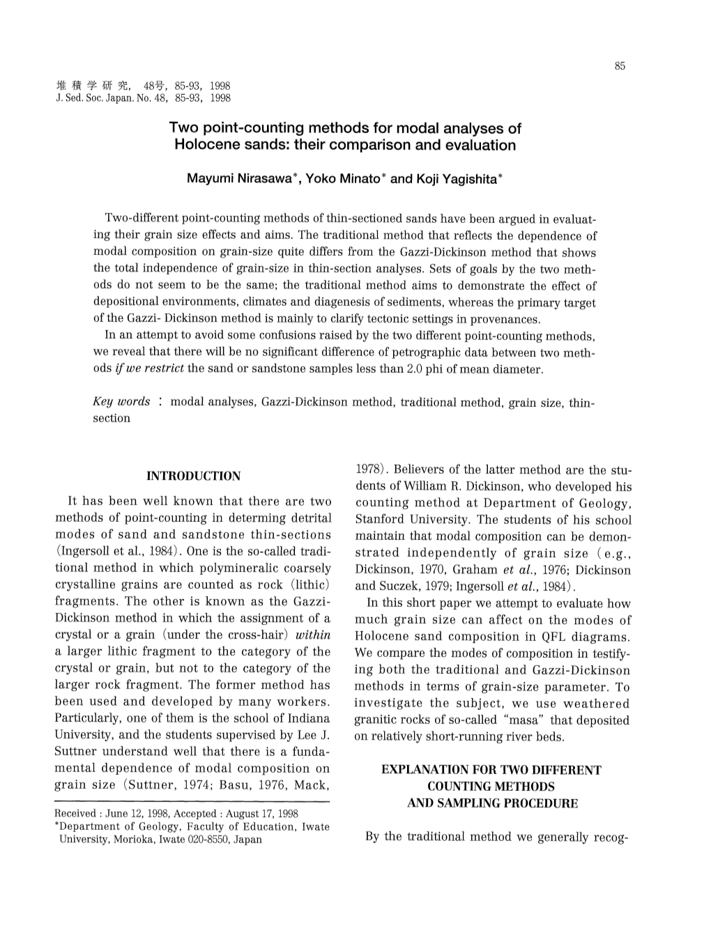 Two Point-Counting Methods for Modal Analyses of Holocene Sands: Their Comparison and Evaluation