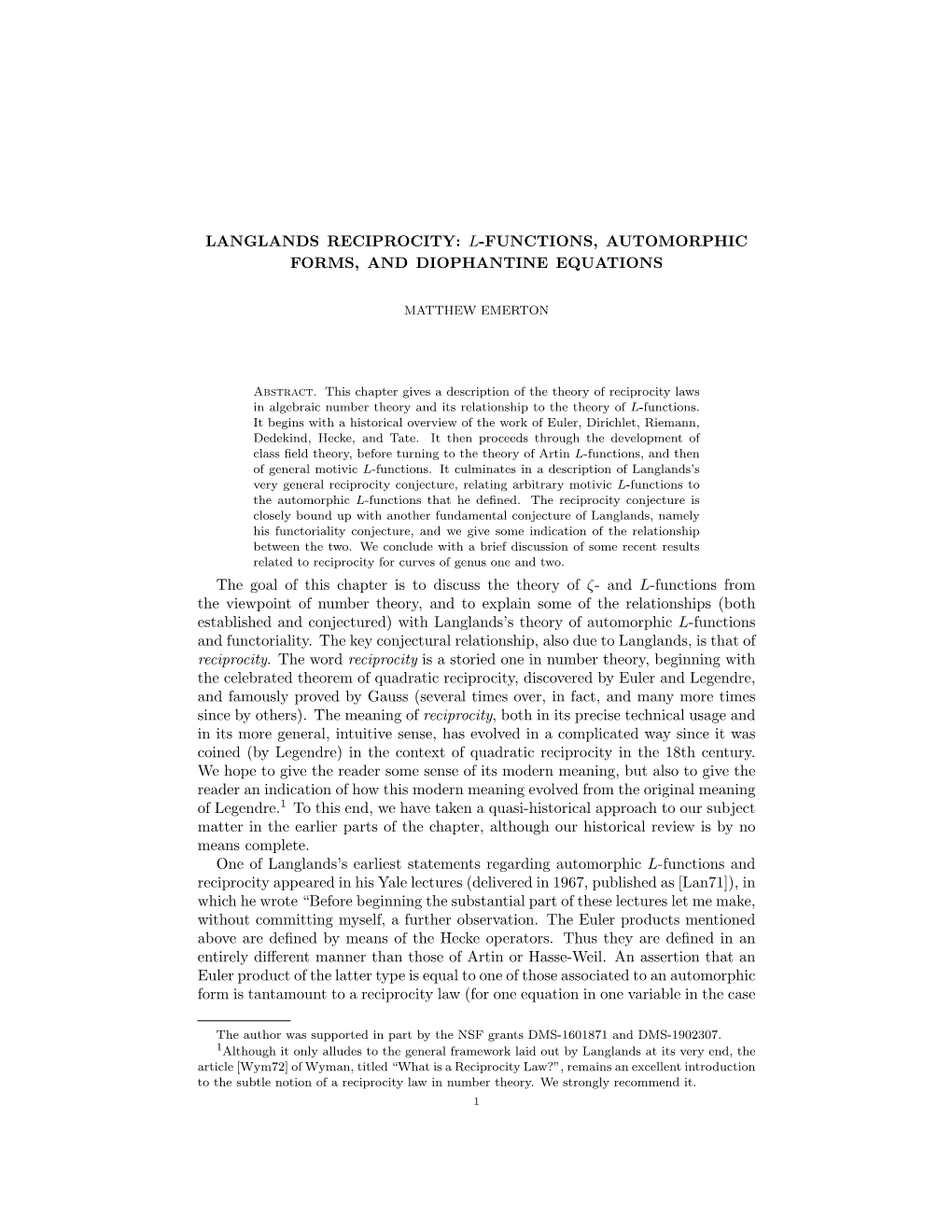 Langlands Reciprocity: L-Functions, Automorphic Forms, and Diophantine Equations