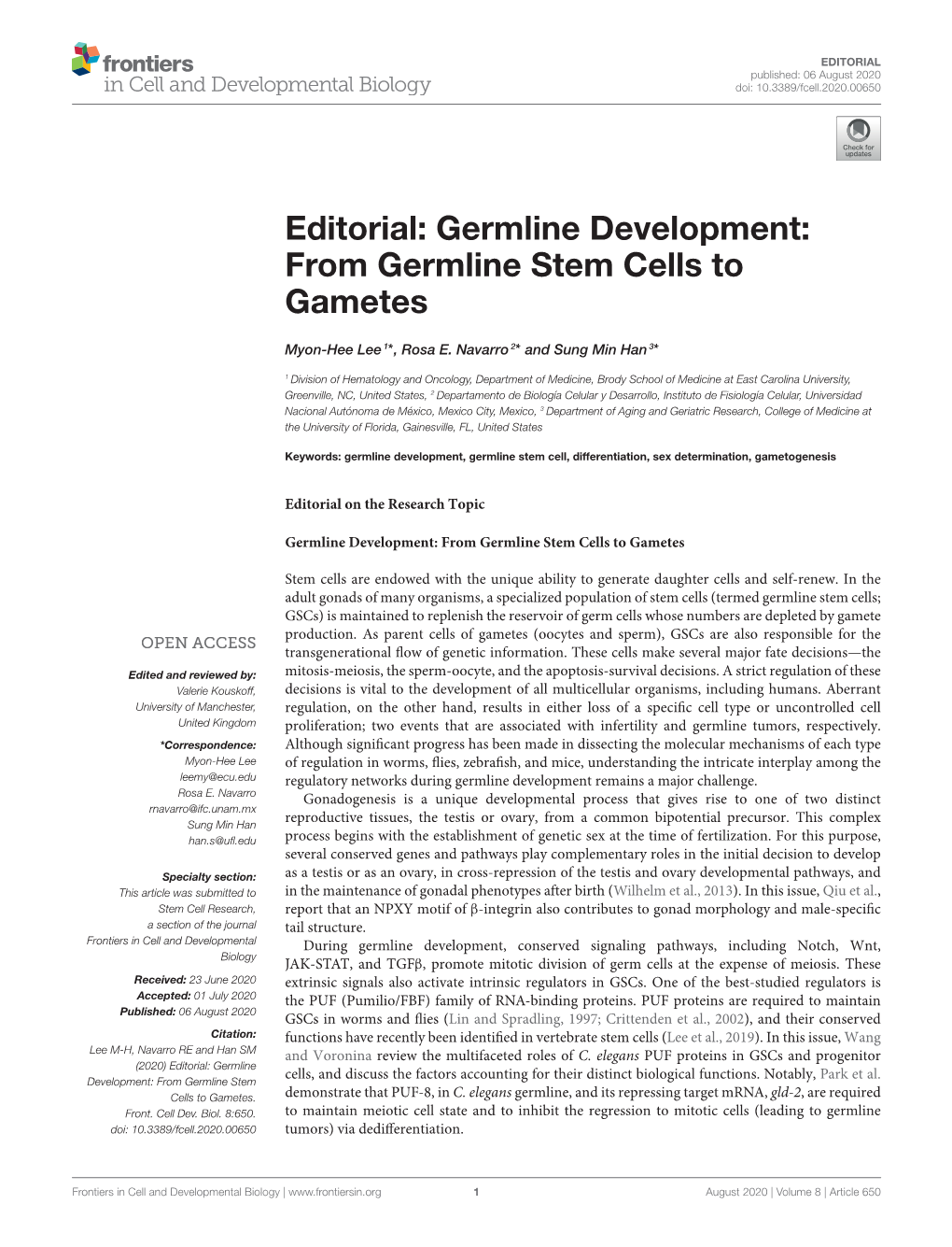 Editorial: Germline Development: from Germline Stem Cells to Gametes