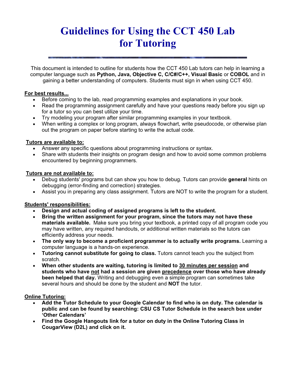 Guidelines for Using the Tutoring Lab: CCT