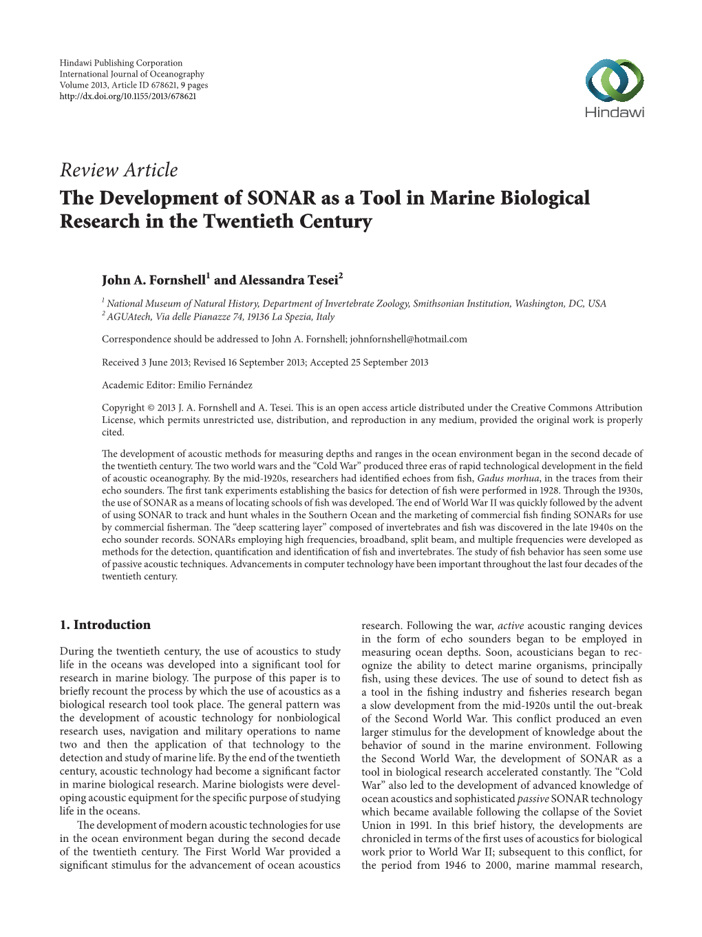 Review Article the Development of SONAR As a Tool in Marine Biological Research in the Twentieth Century