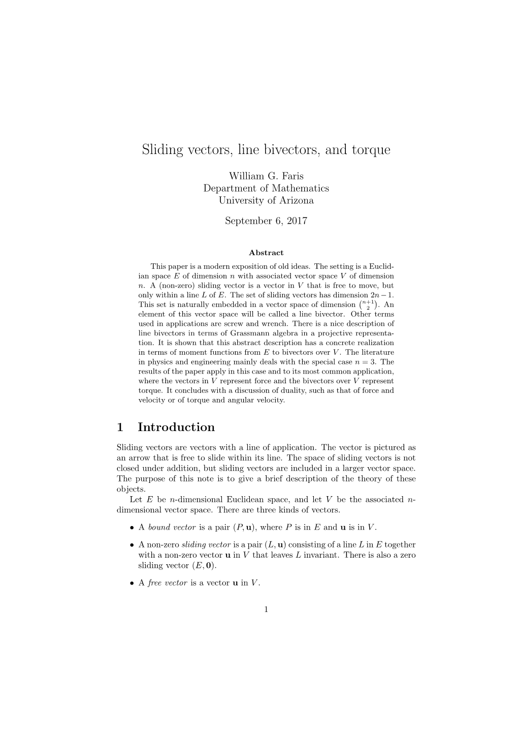 Sliding Vectors, Line Bivectors, and Torque