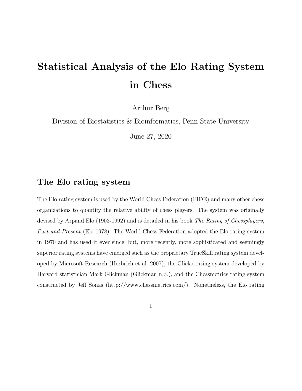 Statistical Analysis of the Elo Rating System in Chess