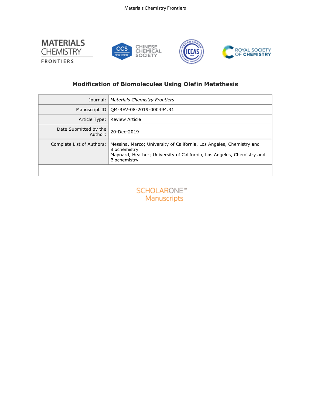 Modification of Biomolecules Using Olefin Metathesis