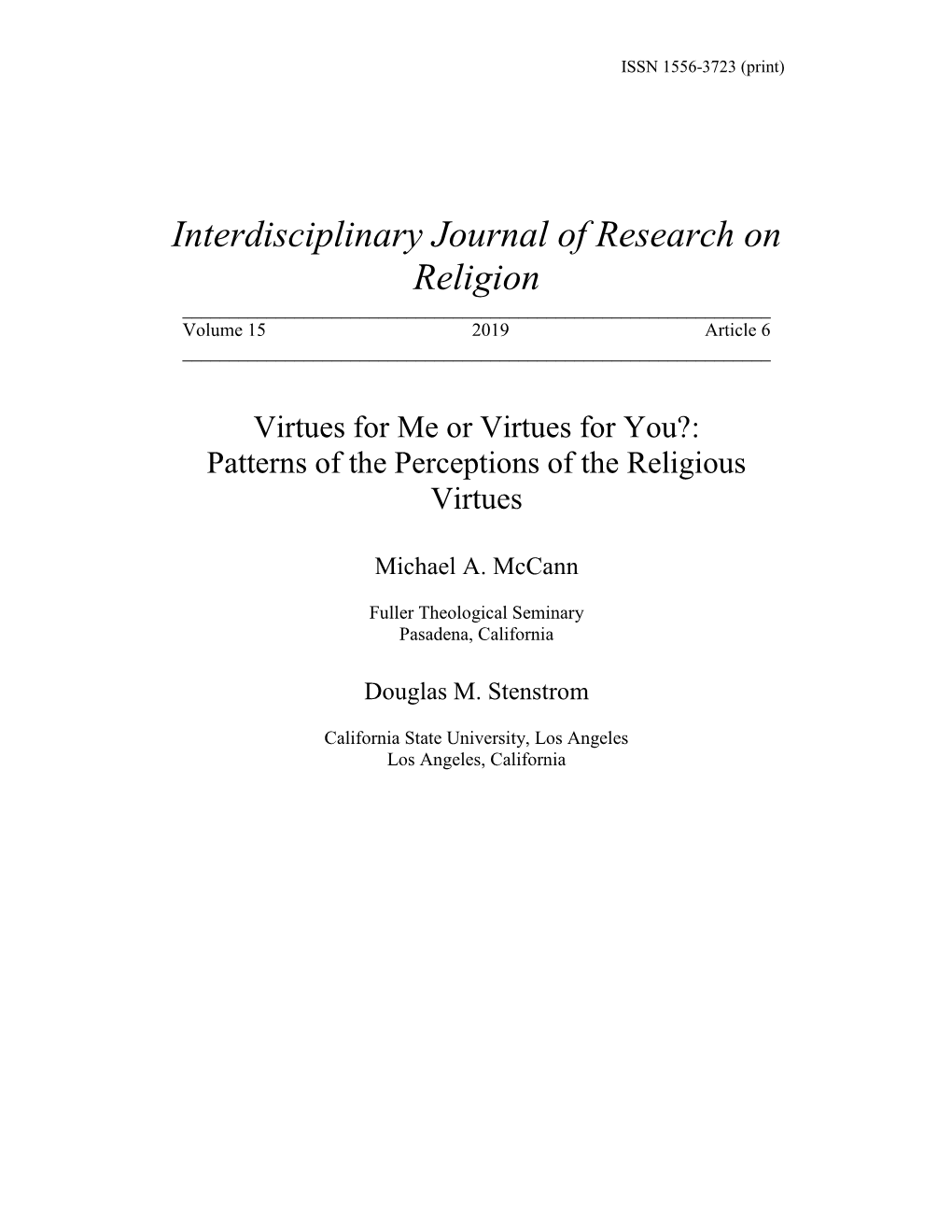 Interdisciplinary Journal of Research on Religion ______Volume 15 2019 Article 6 ______