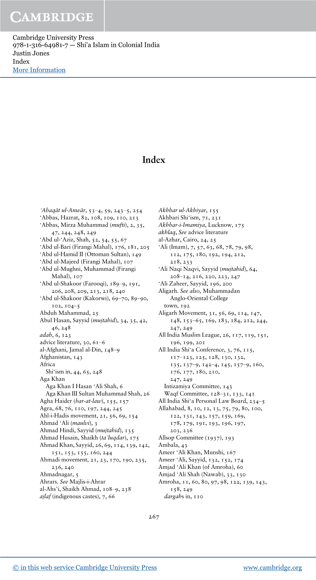 Cambridge University Press 978-1-316-64981-7 — Shi'a Islam in Colonial India Justin Jones Index More Information