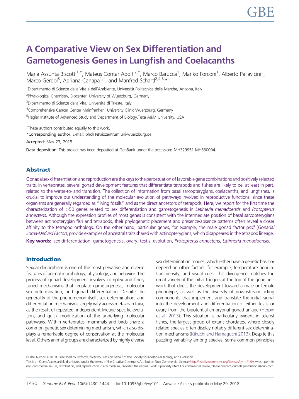 A Comparative View on Sex Differentiation and Gametogenesis Genes in Lungﬁsh and Coelacanths