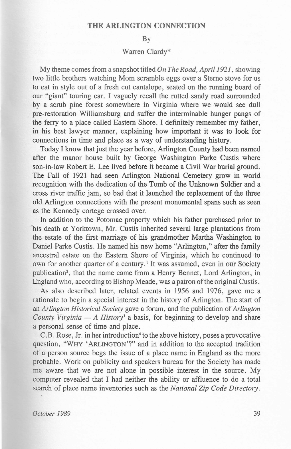 THE ARLINGTON CONNECTION by Warren Clardy* My Theme Comes from a Snapshot Titled on the Road, April 1921, Showing Two Little