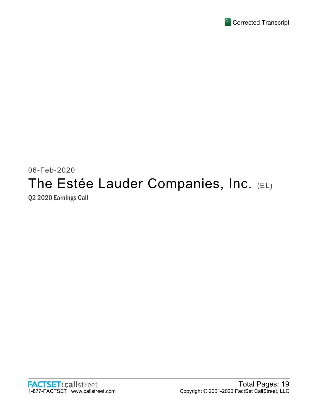 The Estée Lauder Companies, Inc. (EL) Q2 2020 Earnings Call