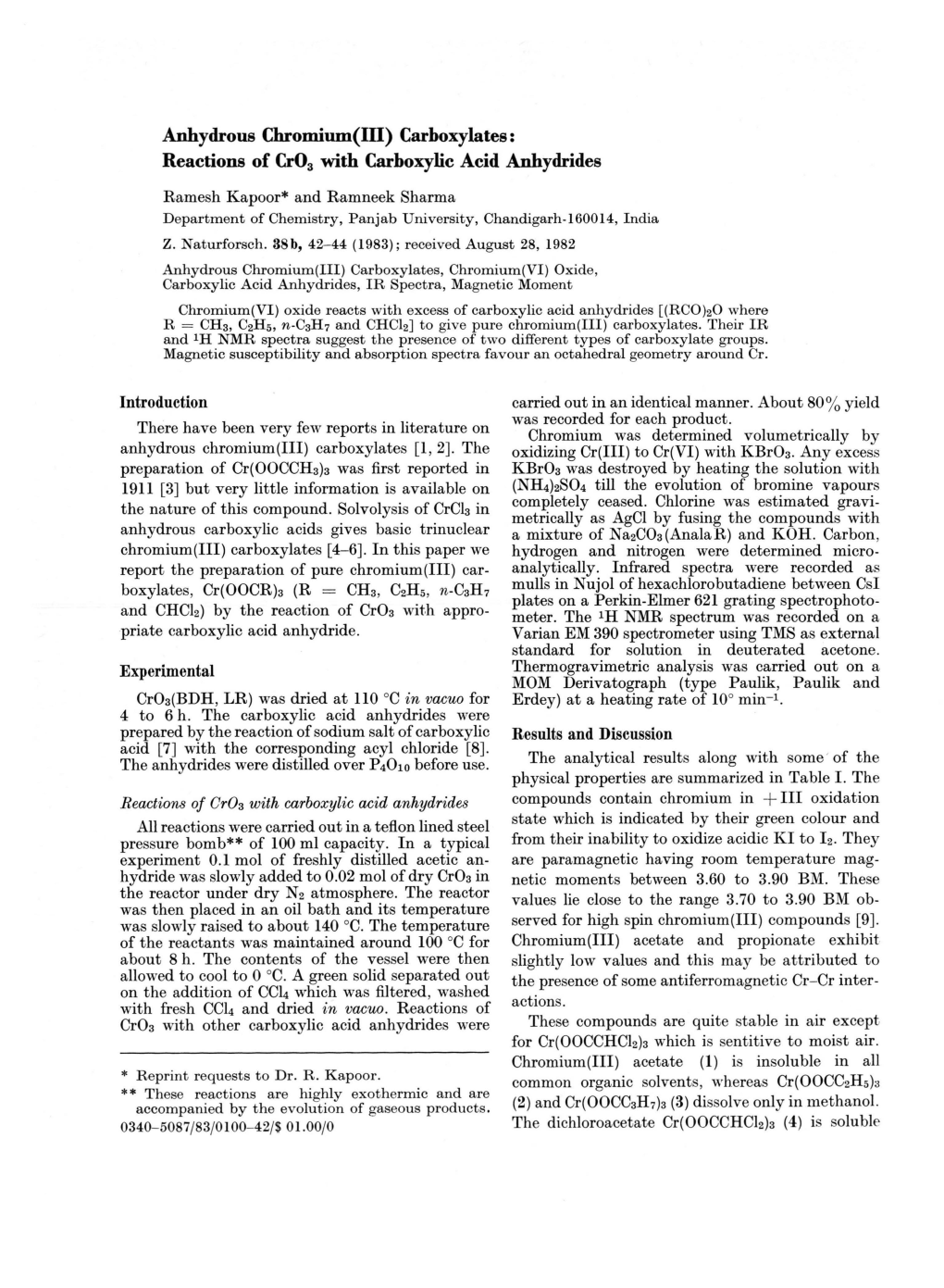 Reactions of Cr03 with Carboxylic Acid Anhydrides