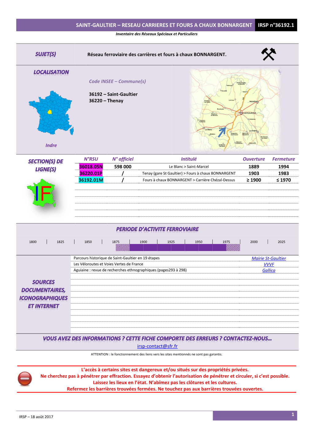 SAINT-GAULTIER – RESEAU CARRIERES ET FOURS a CHAUX BONNARGENT IRSP N°36192.1 Inventaire Des Réseaux Spéciaux Et Particuliers