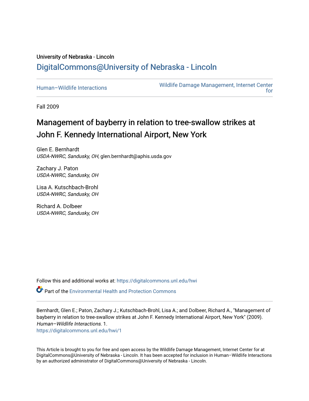 Management of Bayberry in Relation to Tree-Swallow Strikes at John F