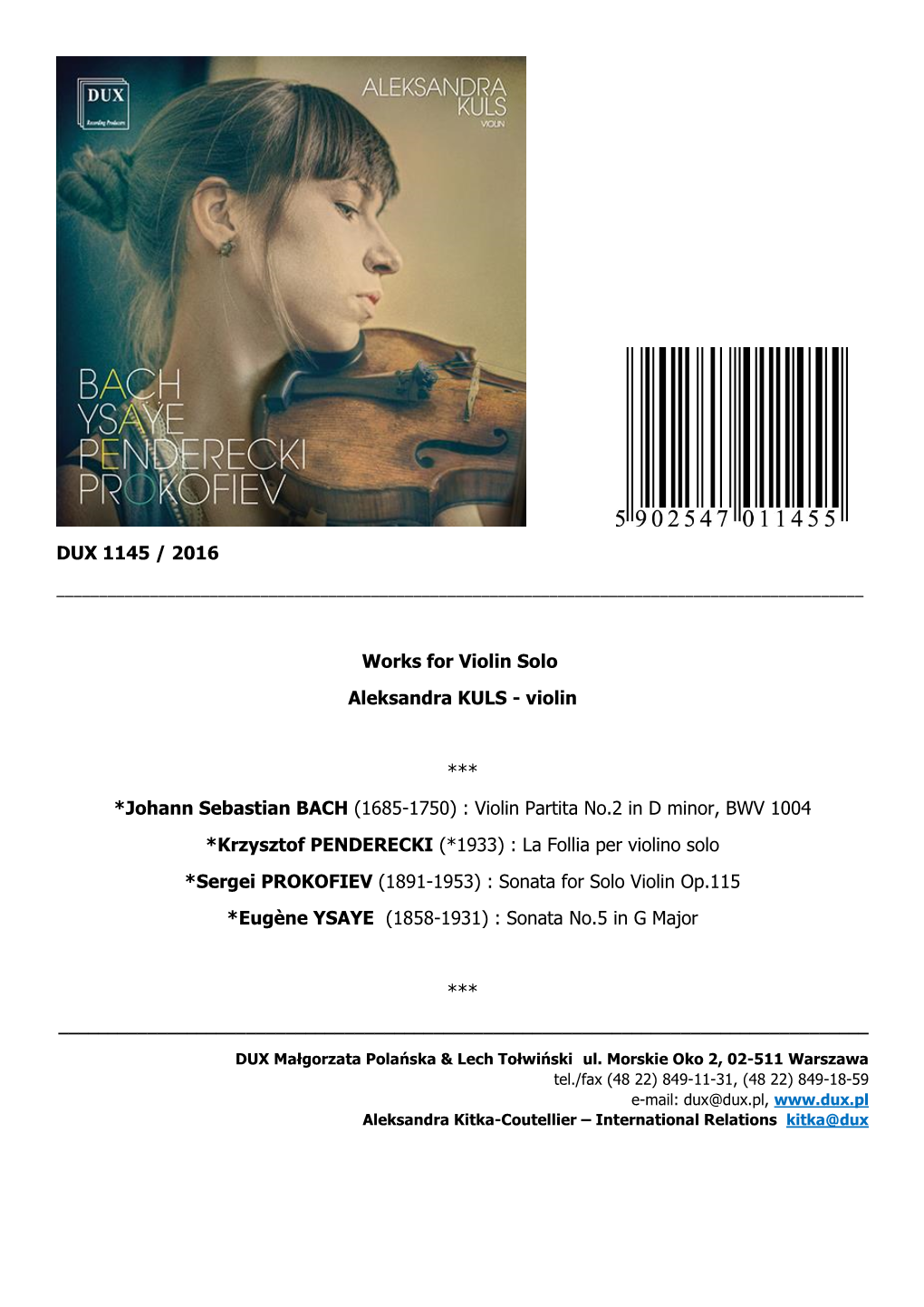 DUX 1145 / 2016 Works for Violin Solo Aleksandra KULS