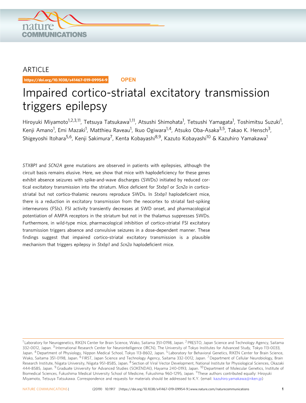 Impaired Cortico-Striatal Excitatory Transmission Triggers Epilepsy