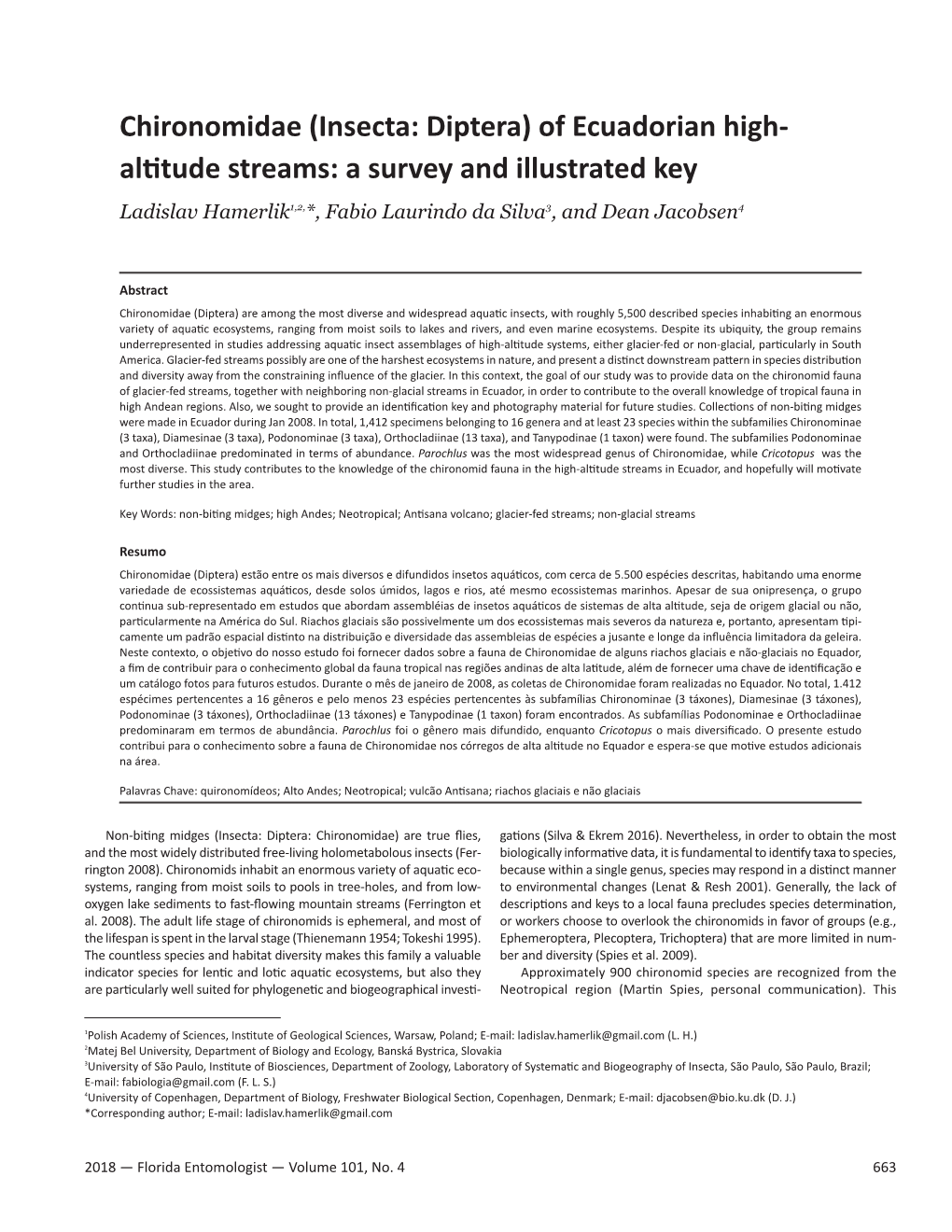 Chironomidae (Insecta: Diptera) of Ecuadorian High- Altitude Streams: a Survey and Illustrated Key