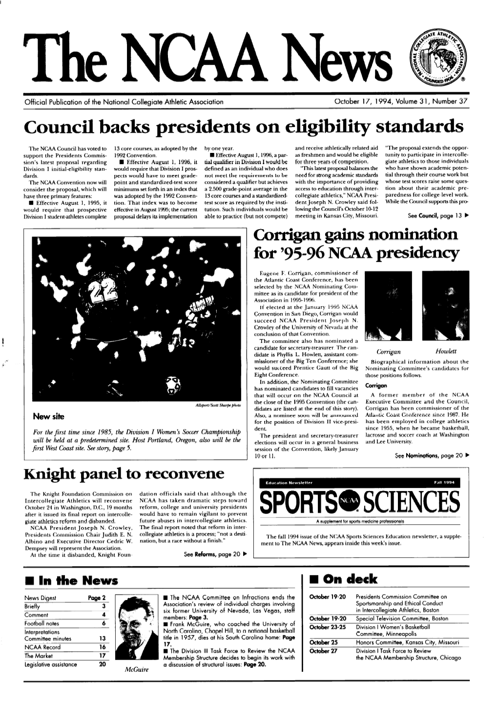October 17, 1994, Volume 3 1, Number 37 Council Backs Presidents on Eligibility Standards