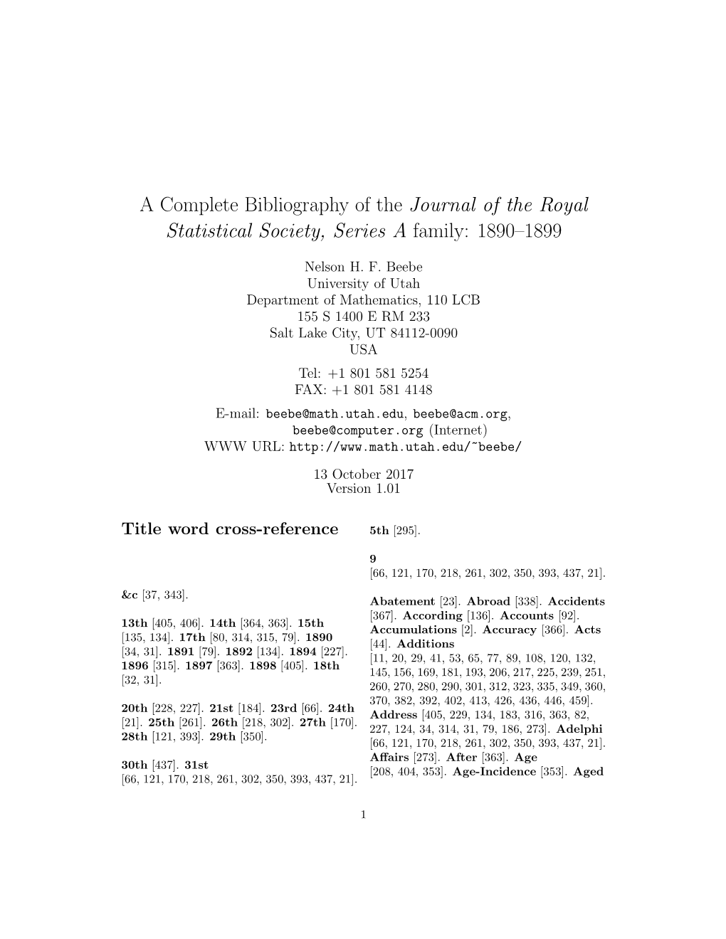 A Complete Bibliography of the Journal of the Royal Statistical Society, Series a Family: 1890–1899
