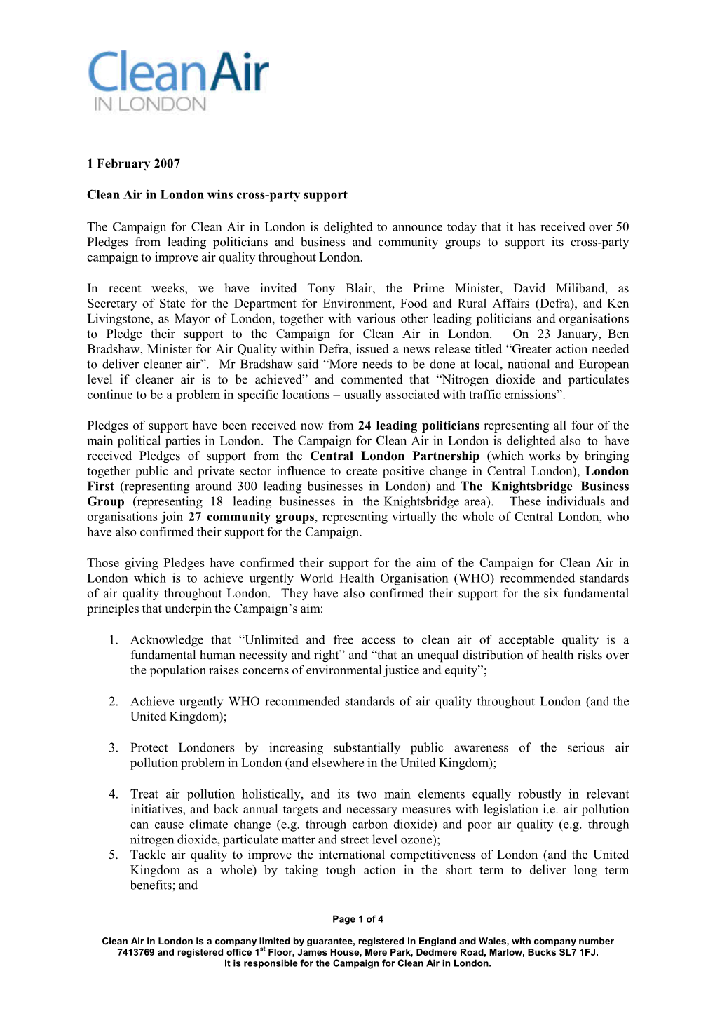 1 February 2007 Clean Air in London Wins Cross-Party Support The