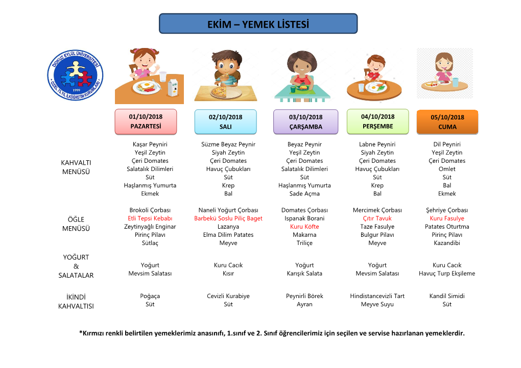 Ekim – Yemek Listesi