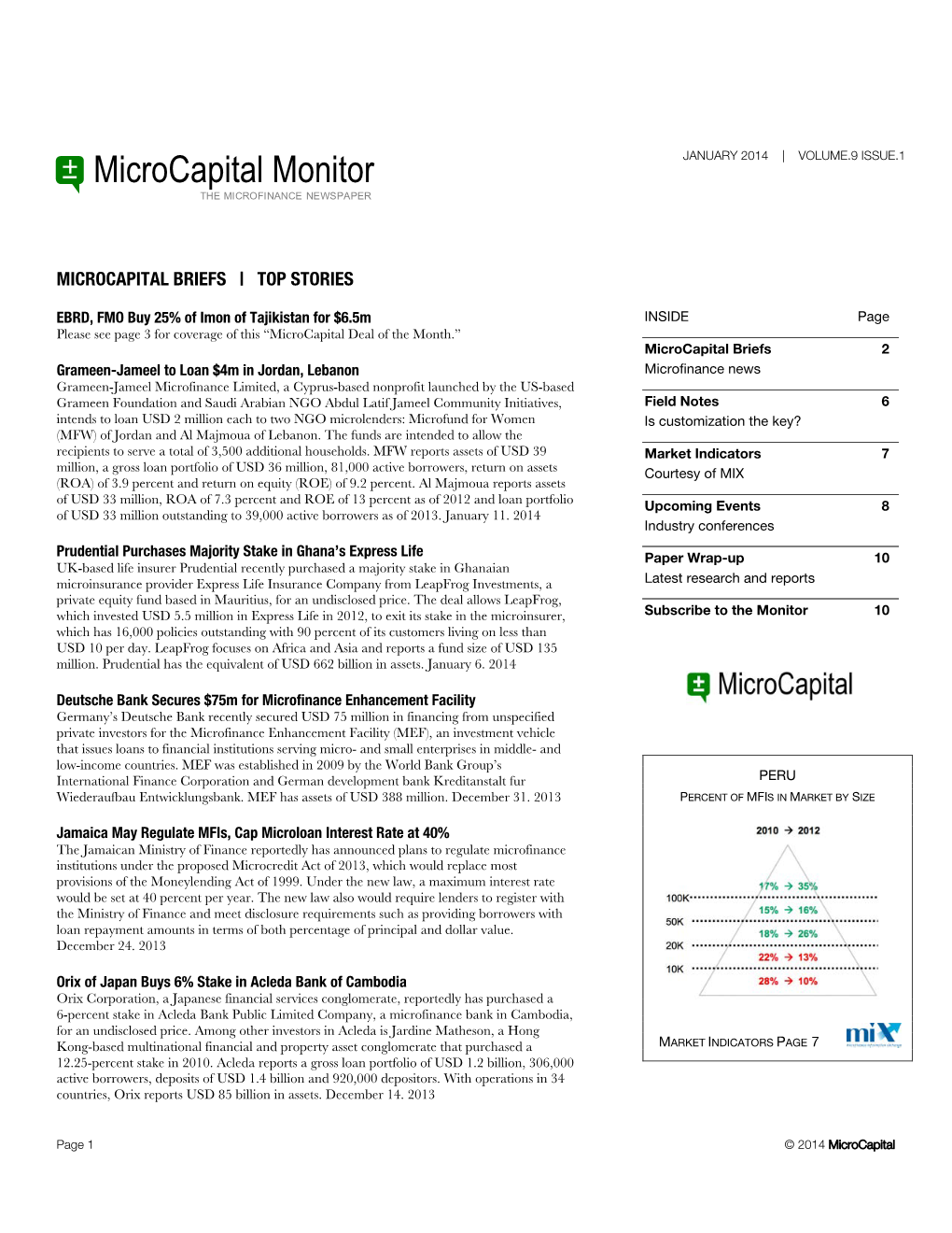 Microcapital Monitor JANUARY 2014 | VOLUME.9 ISSUE.1 the MICROFINANCE NEWSPAPER