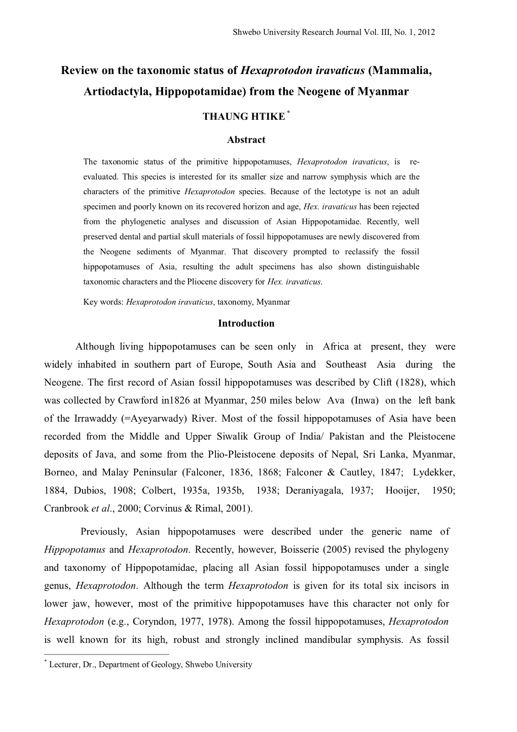 Review on the Taxonomic Status of Hexaprotodon Iravaticus (Mammalia, Artiodactyla, Hippopotamidae) from the Neogene of Myanmar