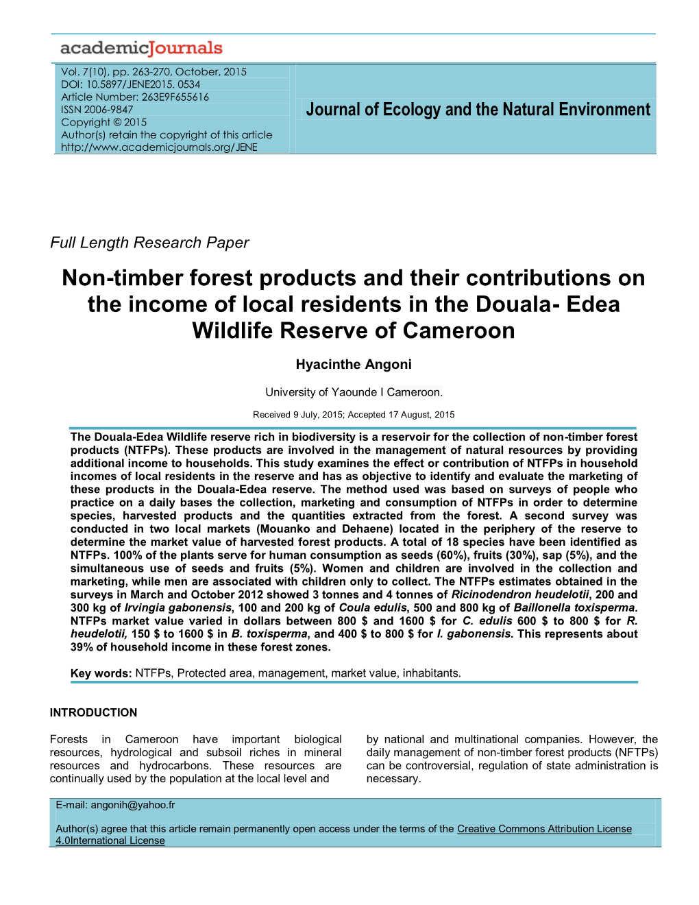 Non-Timber Forest Products and Their Contributions on the Income of Local Residents in the Douala- Edea Wildlife Reserve of Cameroon