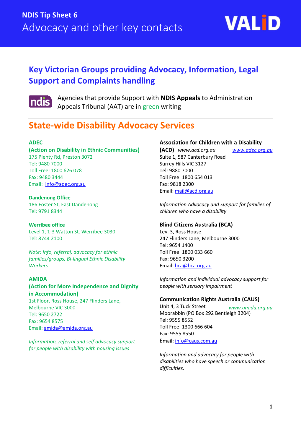 Advocacy and Other Key Contacts