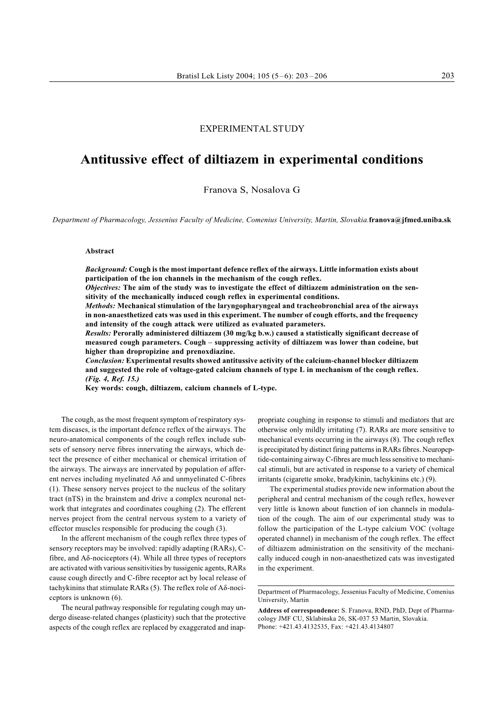 Antitussive Effect of Diltiazem in Experimental Conditions