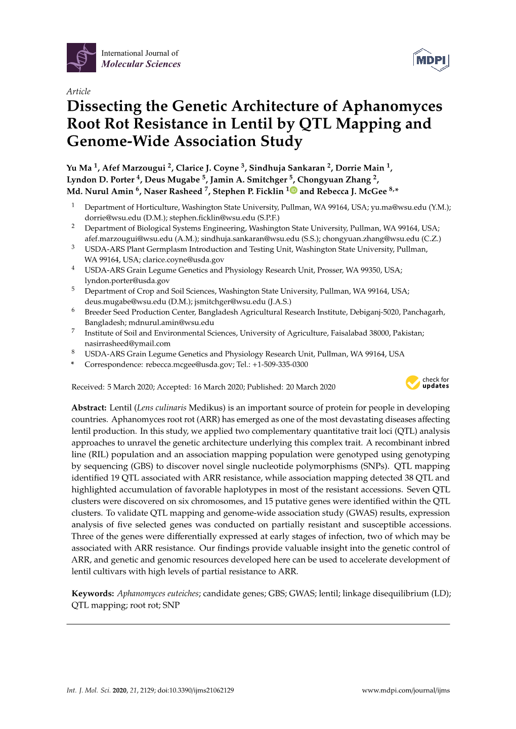 Dissecting the Genetic Architecture of Aphanomyces Root Rot Resistance in Lentil by QTL Mapping and Genome-Wide Association Study