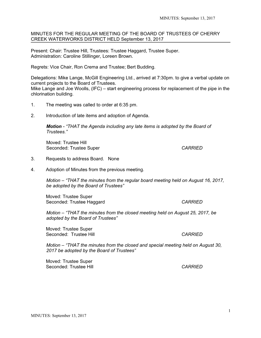 Minutes for the Regular Meeting of the Board of Trustees of Cherry Creek Waterworks District