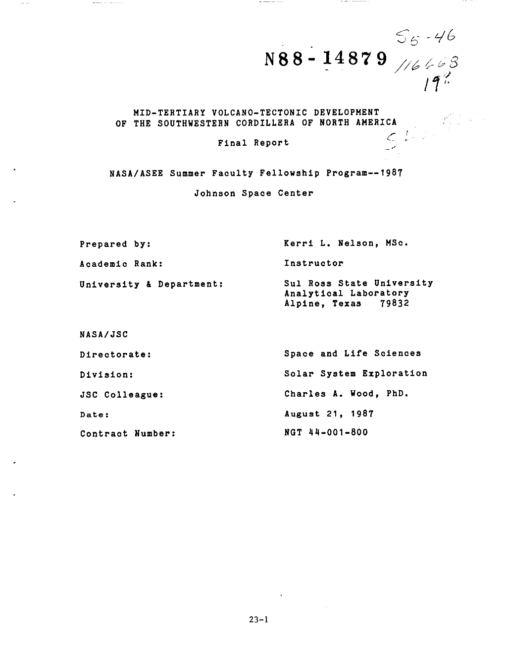 OF the SOUTHWESTERN CORDILLERA of NORTH AMERICA R: Final Report I