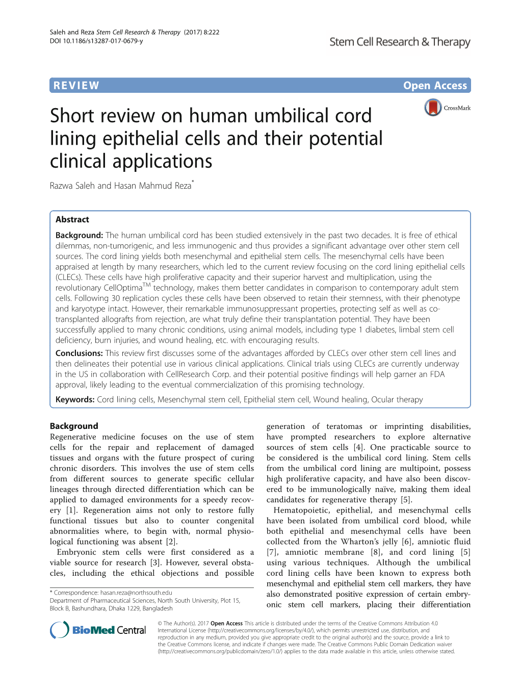 Short Review on Human Umbilical Cord Lining Epithelial Cells and Their Potential Clinical Applications Razwa Saleh and Hasan Mahmud Reza*