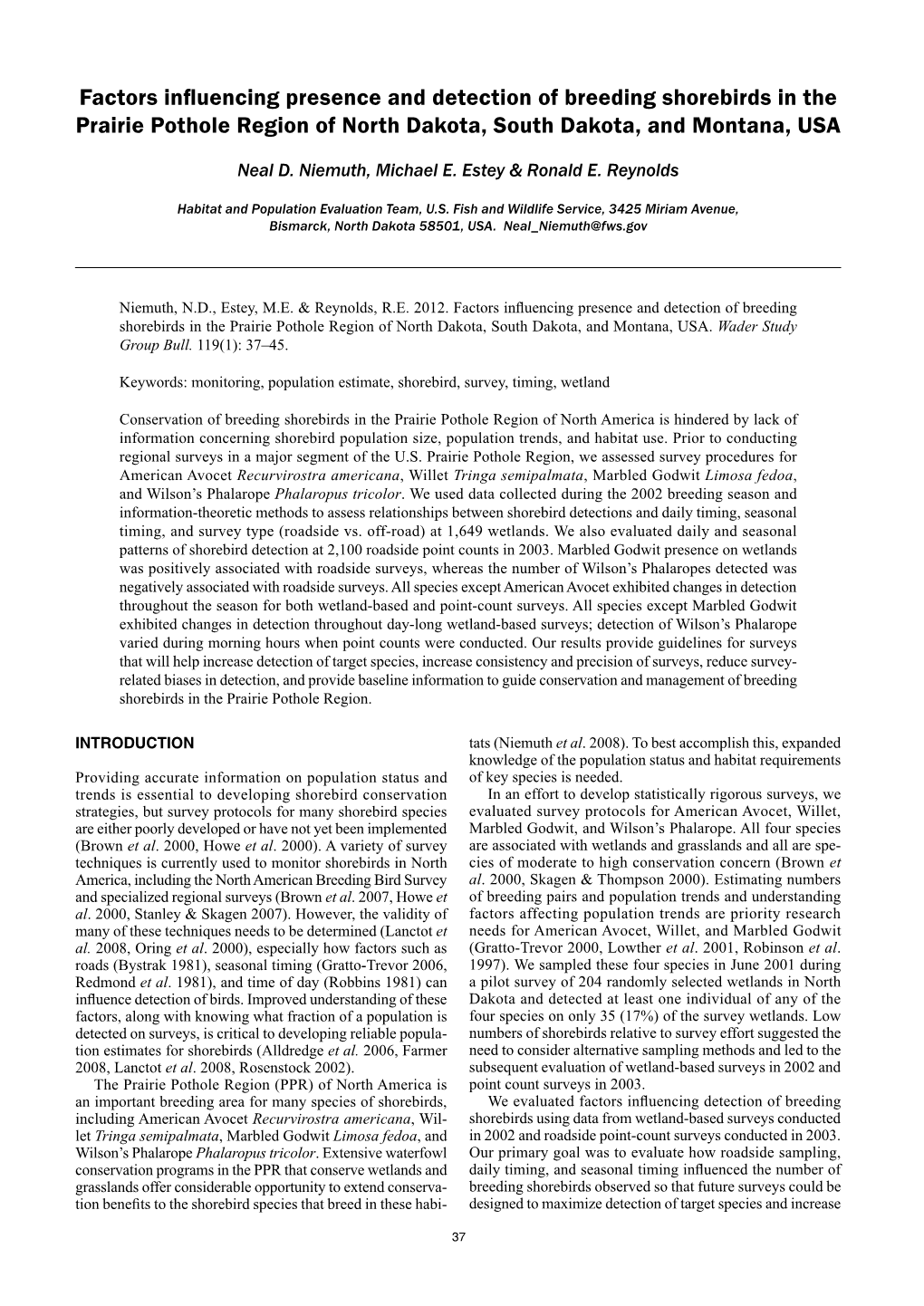 Factors Influencing Presence and Detection of Breeding Shorebirds in the Prairie Pothole Region of North Dakota, South Dakota, and Montana, USA
