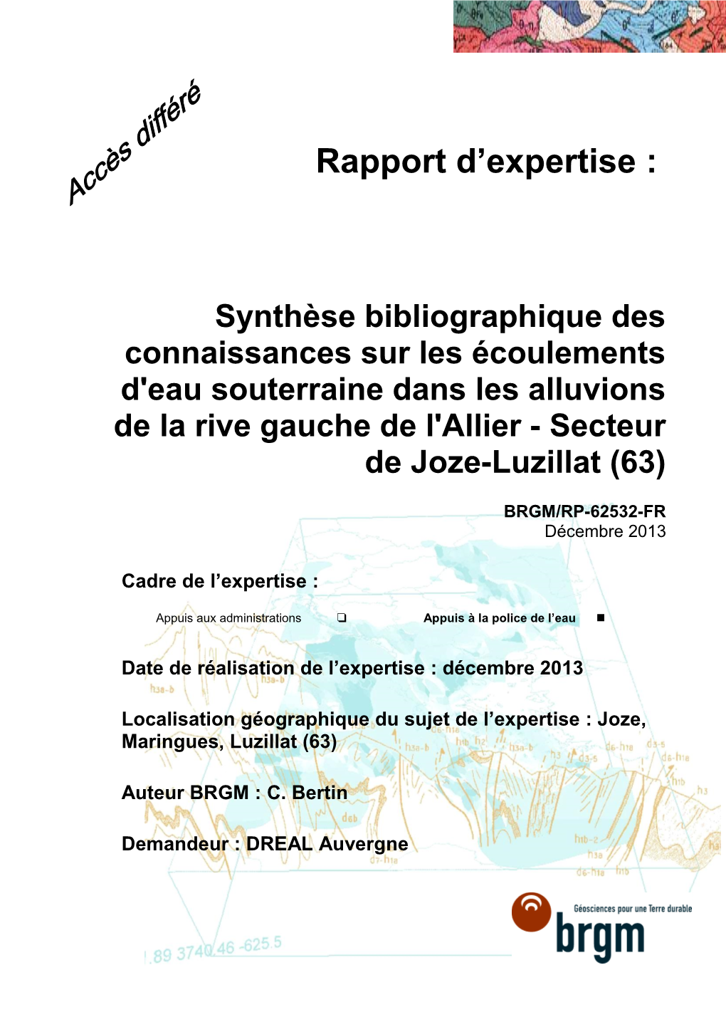 Synthèse Bibliographique Des Connaissances Sur Les Écoulements D'eau Souterraine Dans Les Alluvions De La Rive Gauche De L'allier - Secteur De Joze-Luzillat (63)