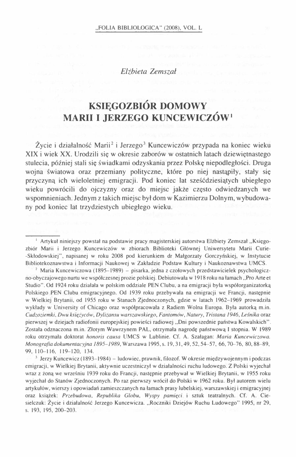 Księgozbiór Domowy Marii I Jerzego Kuncewiczów1
