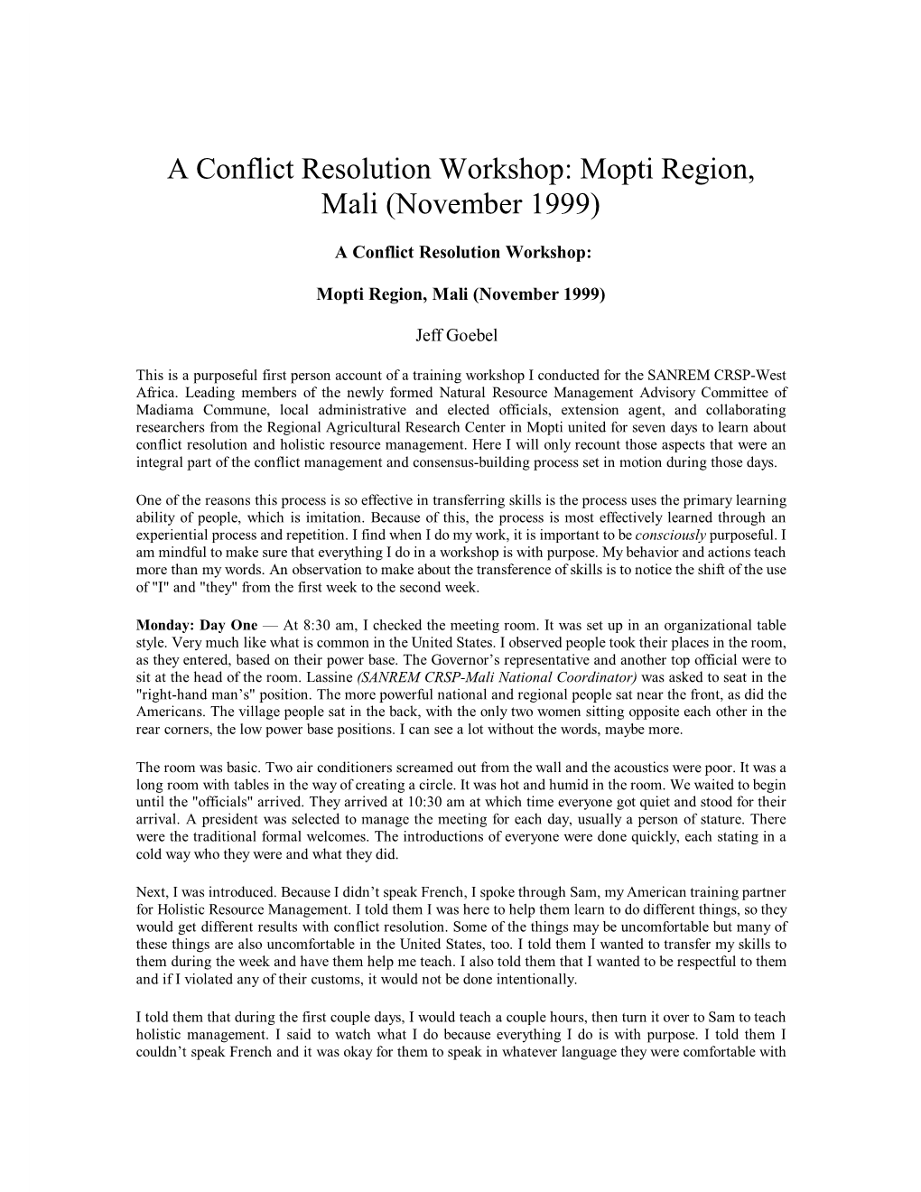 A Conflict Resolution Workshop: Mopti Region, Mali (November 1999)