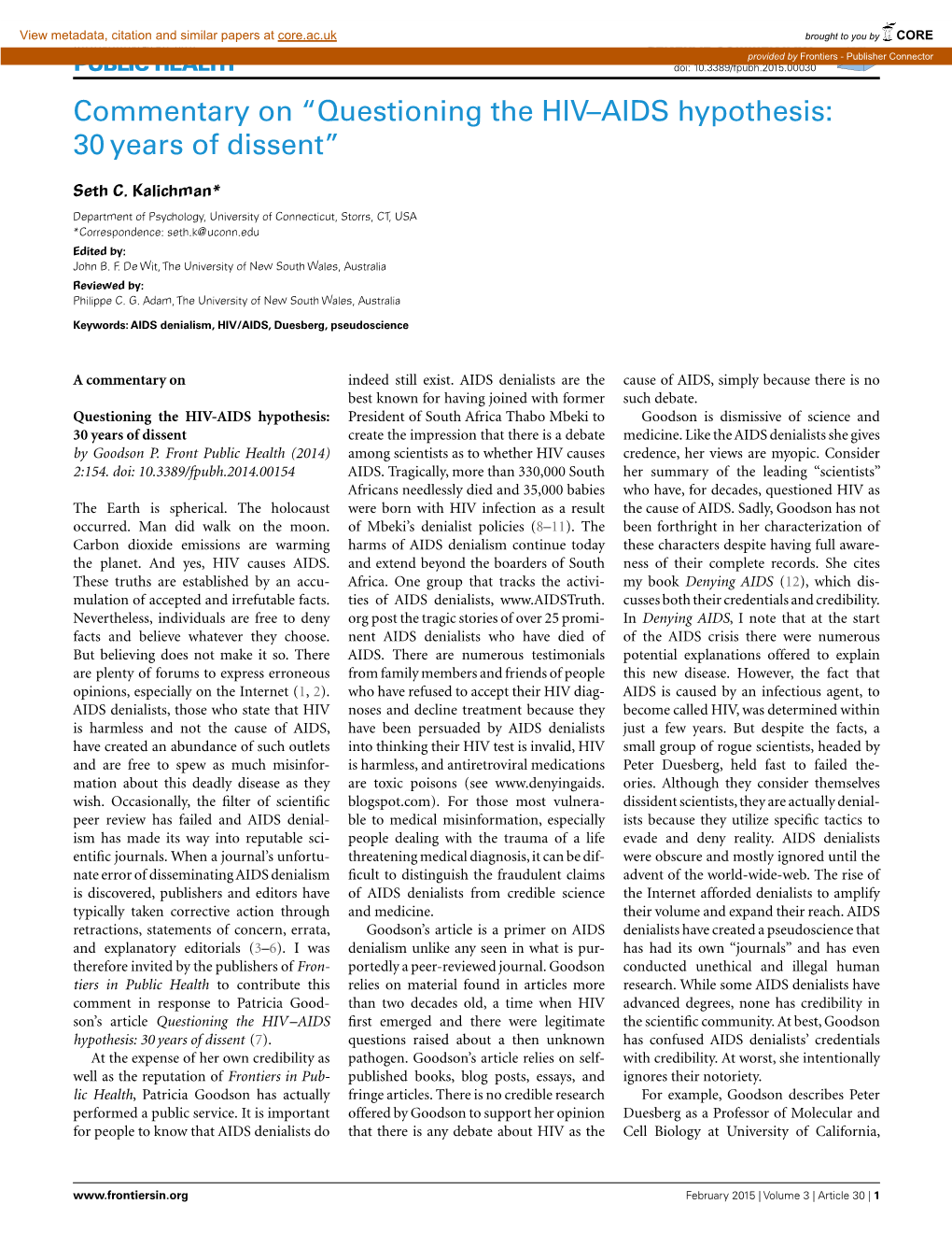 Questioning the HIV–AIDS Hypothesis: 30 Years of Dissent