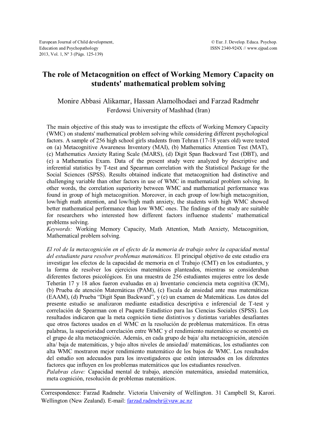 The Role of Metacognition on Effect of Working Memory Capacity on Students' Mathematical Problem Solving