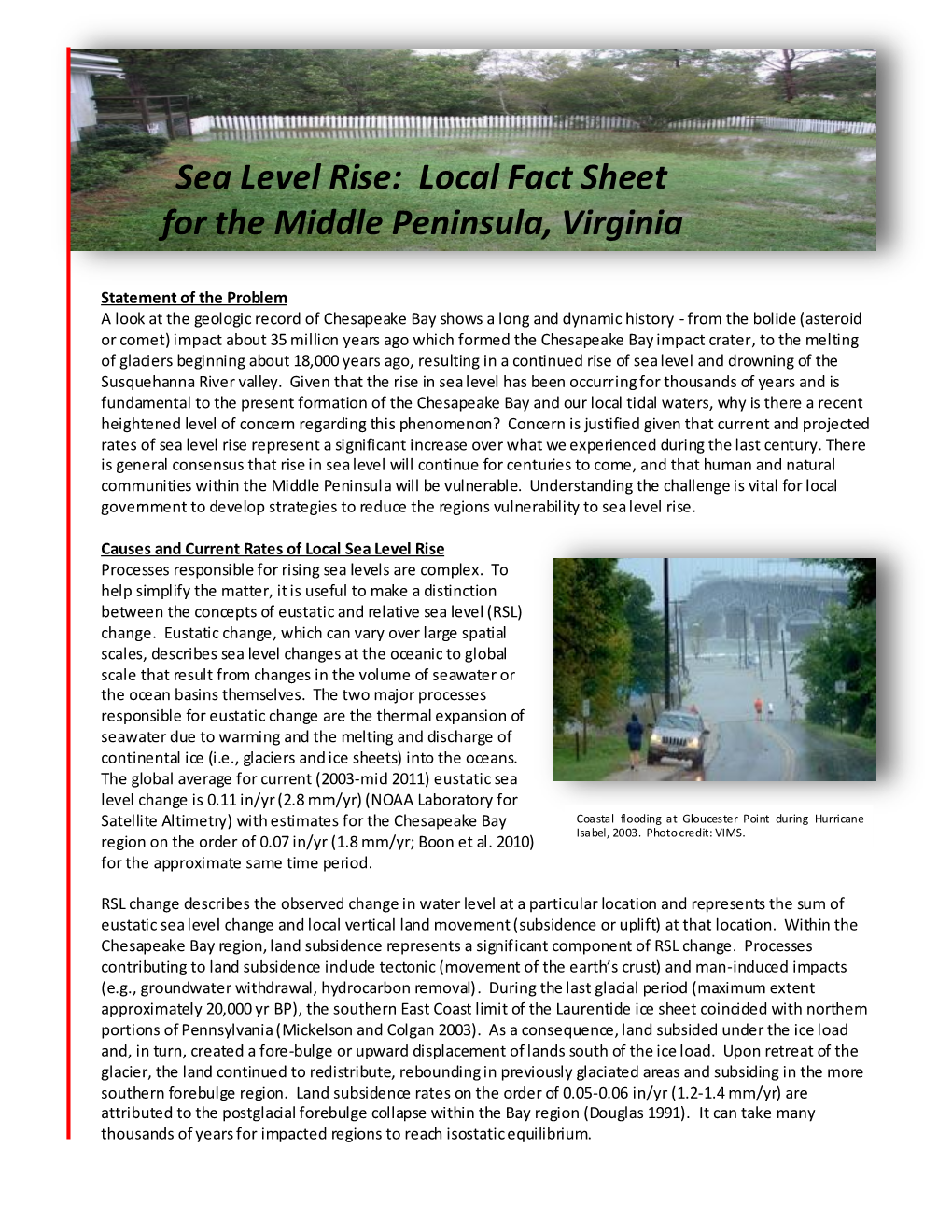 Sea Level Rise: Local Fact Sheet for the Middle Peninsula, Virginia