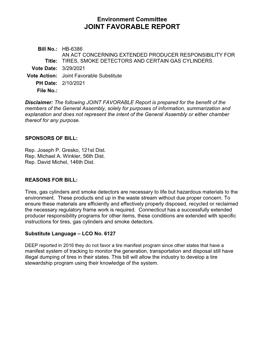 AN ACT CONCERNING EXTENDED PRODUCER RESPONSIBILITY for Title: TIRES, SMOKE DETECTORS and CERTAIN GAS CYLINDERS