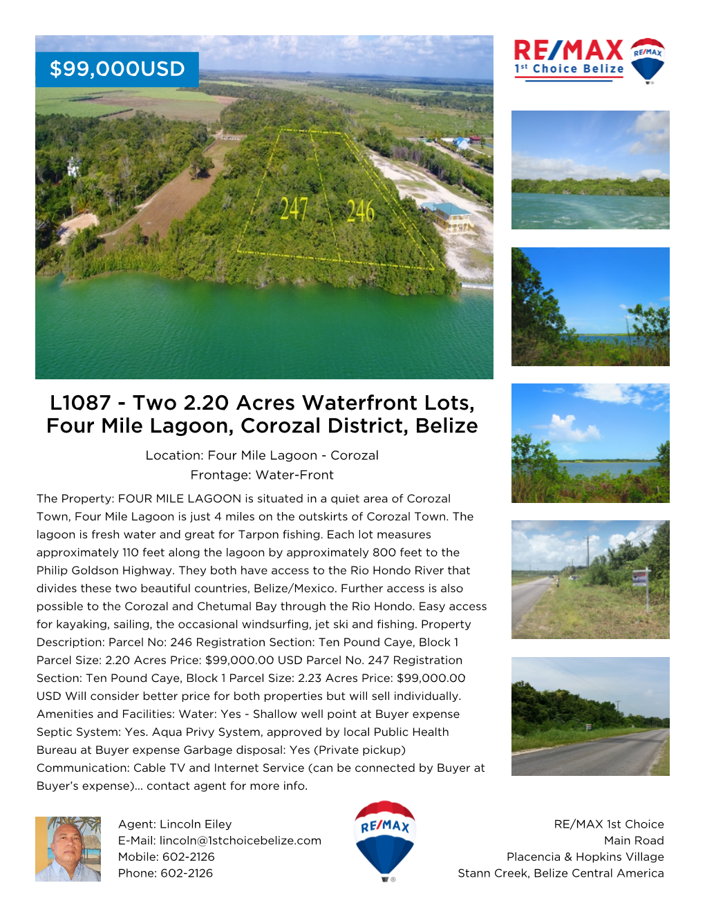 L1087 - Two 2.20 Acres Waterfront Lots, Four Mile Lagoon, Corozal District, Belize
