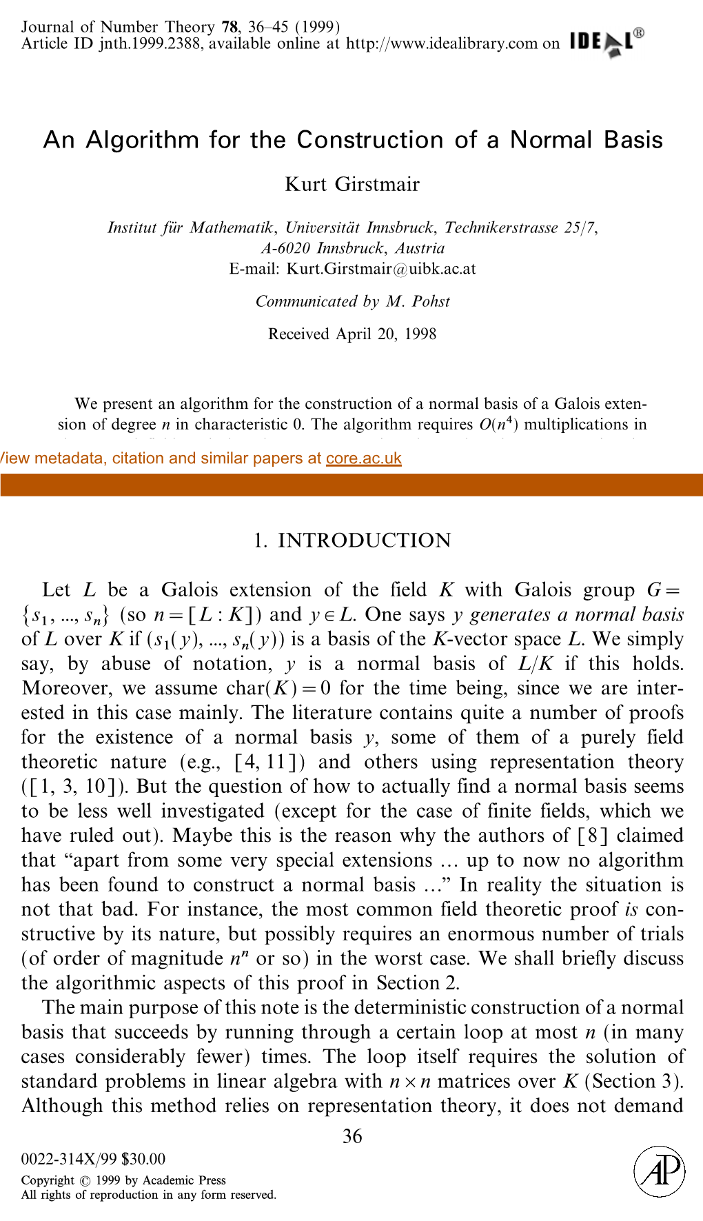 An Algorithm for the Construction of a Normal Basis