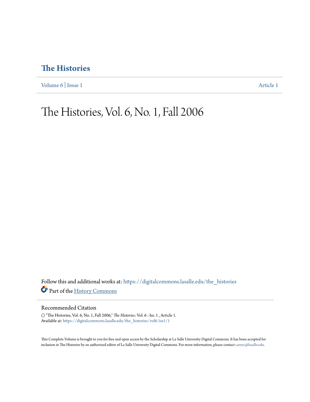 The Histories, Vol. 6, No. 1, Fall 2006