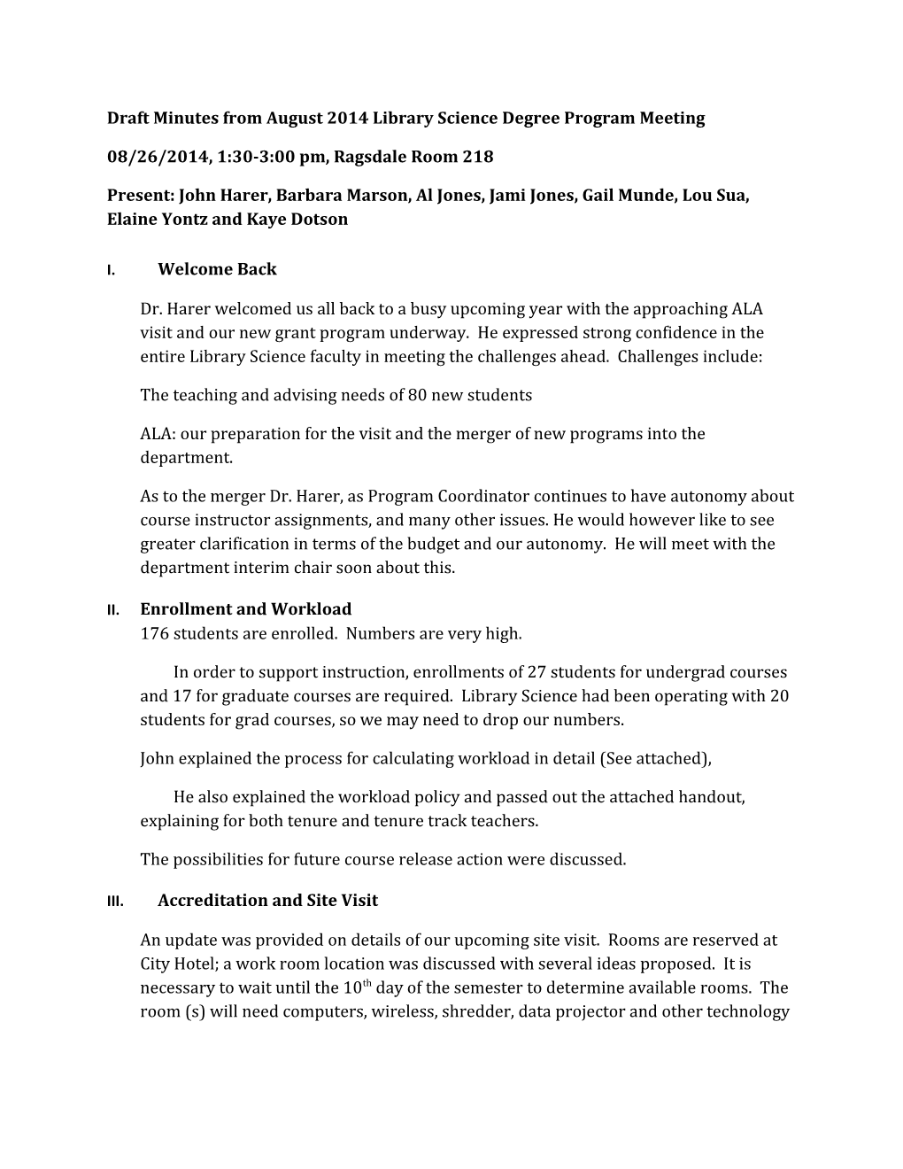 Draft Minutes from August 2014 Library Science Degree Program Meeting