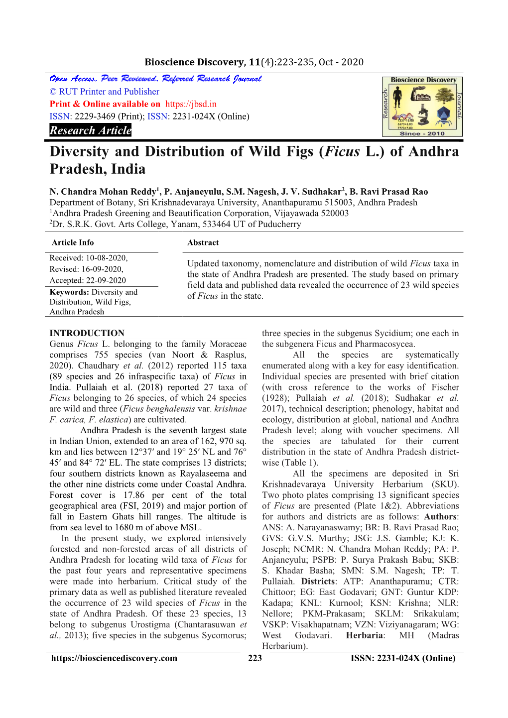 Diversity and Distribution of Wild Figs (Ficus L.) of Andhra Pradesh, India