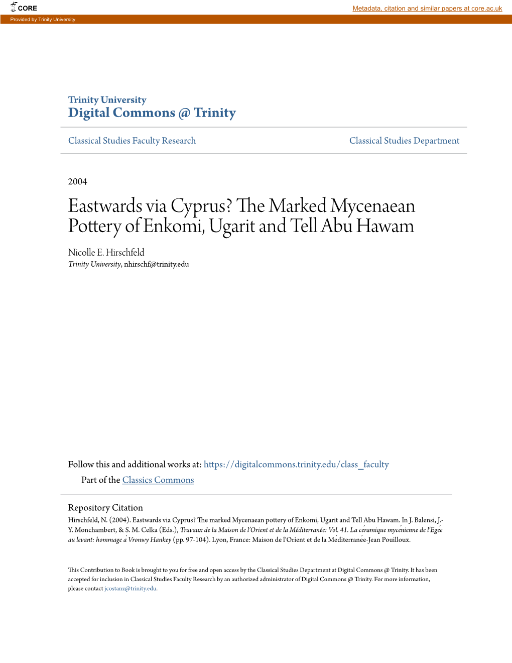The Marked Mycenaean Pottery of Enkomi, Ugarit and Tell