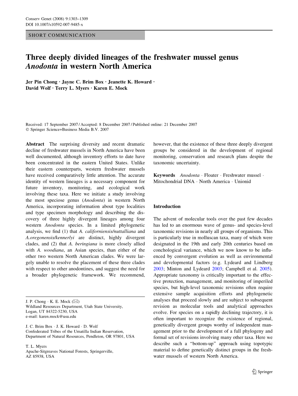 Three Deeply Divided Lineages of the Freshwater Mussel Genus Anodonta in Western North America