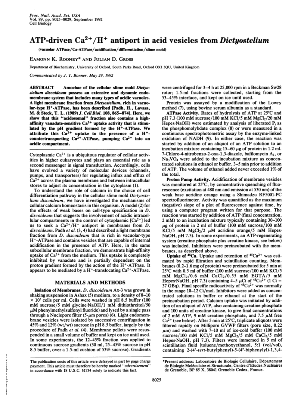 ATP-Driven Ca2+/H+ Antiport in Acid Vesicles from Dictyostelium (Vacuolar Atpase/Ca-Atpase/Acidification/Differentiation/Slime Mold) EAMONN K