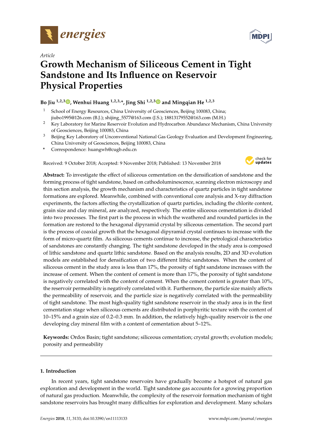 Growth Mechanism of Siliceous Cement in Tight Sandstone and Its Influence on Reservoir Physical Properties