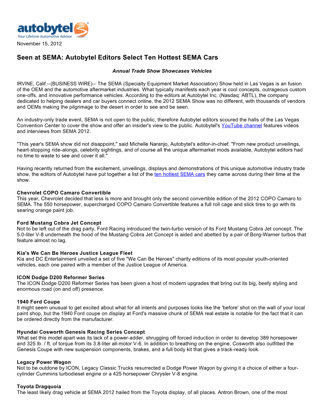 Autobytel Editors Select Ten Hottest SEMA Cars